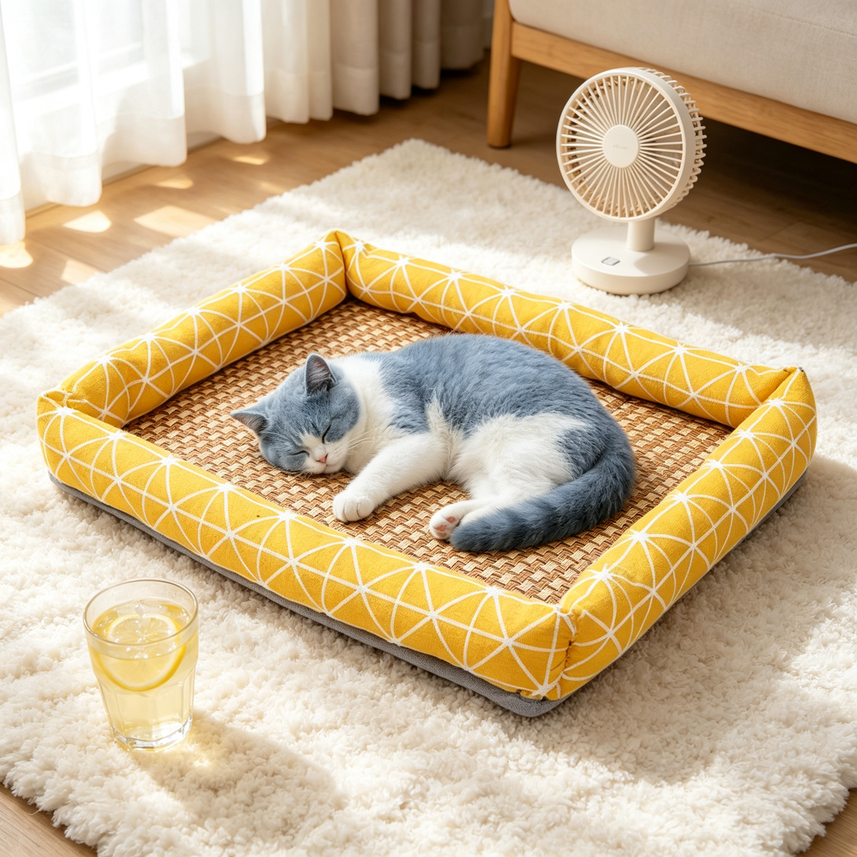 💛 Summer Pet Bed | Breathable Woven Mat & Soft Raised Sides