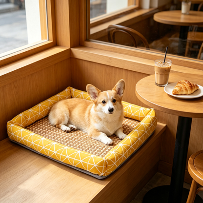 💛 Summer Pet Bed | Breathable Woven Mat & Soft Raised Sides
