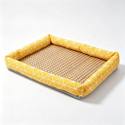 💛 Summer Pet Bed | Breathable Woven Mat & Soft Raised Sides