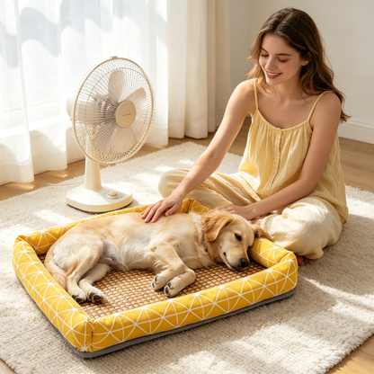 💛 Summer Pet Bed | Breathable Woven Mat & Soft Raised Sides