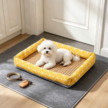 💛 Summer Pet Bed | Breathable Woven Mat & Soft Raised Sides