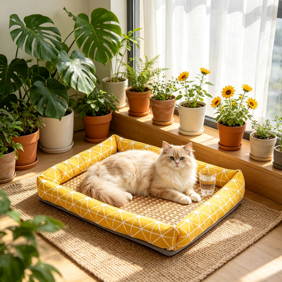 💛 Summer Pet Bed | Breathable Woven Mat & Soft Raised Sides